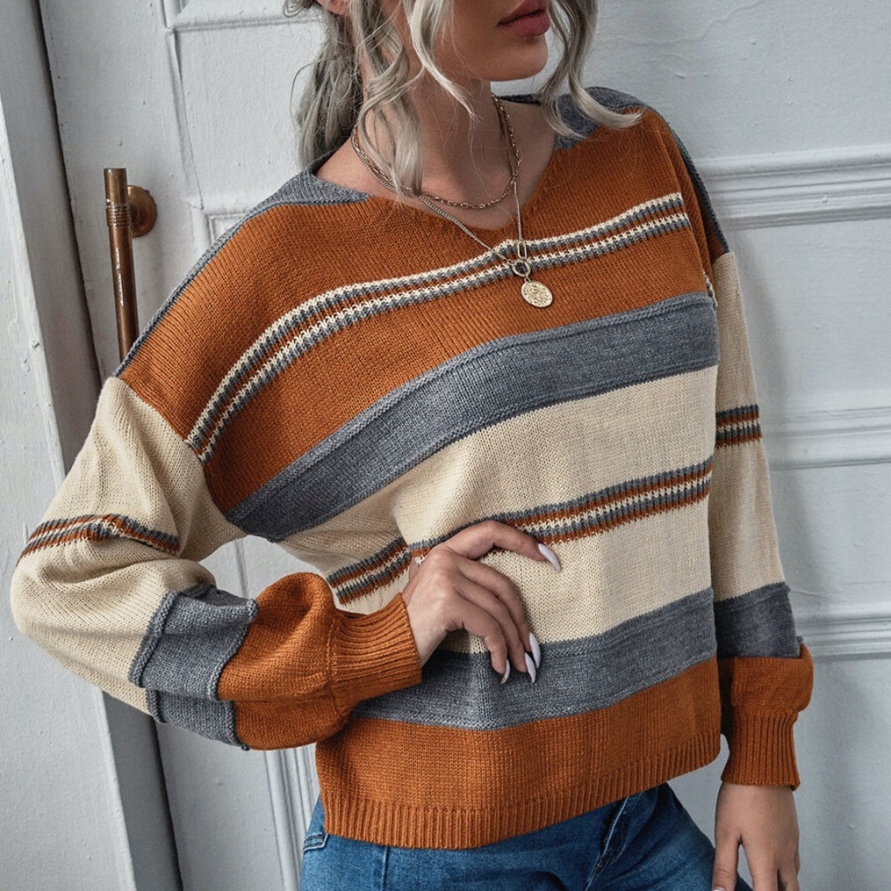 color block stripes v neck knit fall sweater rust - Picture 1 of 4